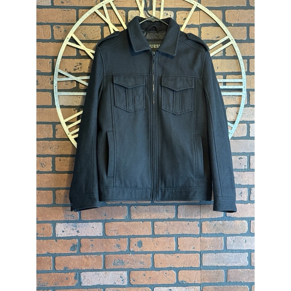 Men's Guess Full Zip Lined Collared Jacket Black Size Medium